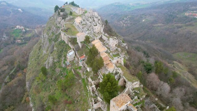This is an aerial video of the ancient village of Gessopalena in Italy. Inhabited since Pre-Roman times. Gessopalena was gradually abandoned. People moved to the new and current village next to it.