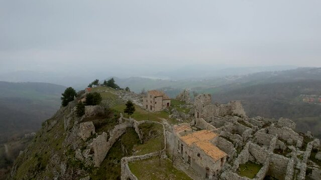 This is an aerial video of the ancient village of Gessopalena in Italy. Inhabited since Pre-Roman times. Gessopalena was gradually abandoned. People moved to the new and current village next to it.