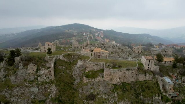 This is an aerial video of the ancient village of Gessopalena in Italy. Inhabited since Pre-Roman times. Gessopalena was gradually abandoned. People moved to the new and current village next to it.