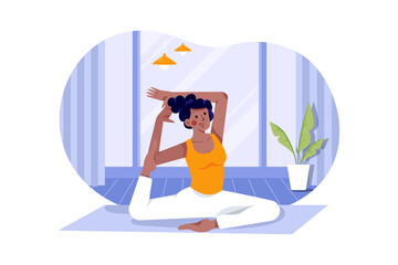 Black woman character does yoga at home Illustration concept on white background