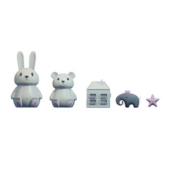 set of children's toys - bunny, bear, elephant, house, star - orthographic 3d render - front view