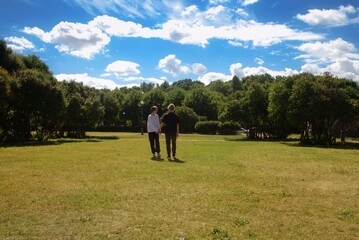 Fototapeta premium A young couple of teenagers are happy together and want love.They walk hand in hand in the park. Back view