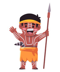 Australian aboriginal native tribe aborogine kids with boomerang and spear - obrazy, fototapety, plakaty