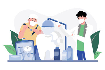 Dentists holding professional stomatology tools and fixing tooth models.