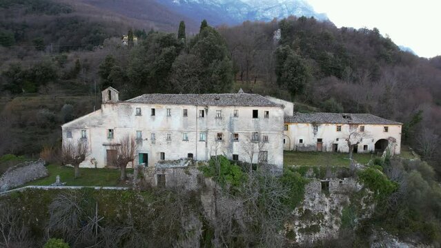 Aerial video of a haunted and abandoned convent in Sicignano, Italy. The sinister reputation of the building dates back to the 16th century. Abandoned since 1973, and in a state of neglect. 