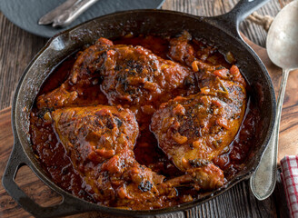 Braised chicken legs with spicy tomato sauce in a cast iron pan