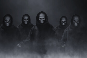 Group of skull hooded on dark background - obrazy, fototapety, plakaty