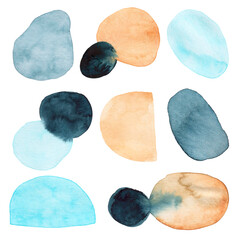 Set of watercolor abstract spots. Blue and beige color. Irregular shapes. Textured backgrounds. Blots. Hand drawn. Isolated on white background.