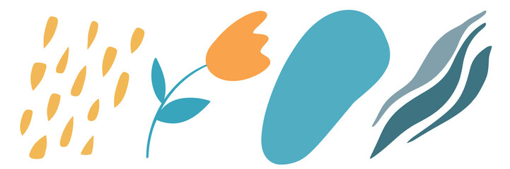 Abstract art set. Spots, circles, contour, jagged lines and shapes. Design element. Hand drawn. Isolated on white background.