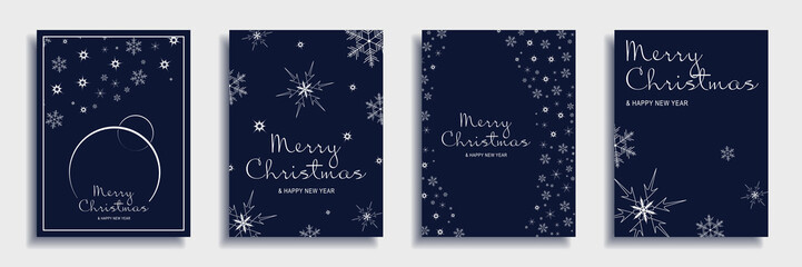 Fototapeta na wymiar Merry Christmas and New Year 2023 brochure covers set. Xmas minimal banner design with white snowflakes patterns and text on blue backgrounds. Illustration for flyer, poster or greeting card