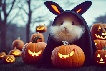 cute fluffy rabbit on the background of halloween pumpkins - obrazy, fototapety, plakaty