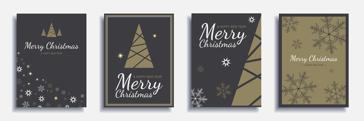 Merry Christmas and New Year 2023 brochure covers set. Xmas minimal banner design with festive trees, snowflakes patterns at flyer borders and text. Illustration for flyer, poster or greeting card
