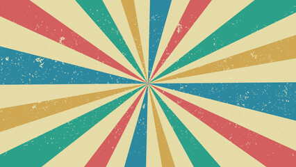 Colorful vintage rays background with a distressed texture. Retro sun beams faded backdrop. Old poster grunge texture. Sunburst wallpaper with blue, red, green elements. Vector illustration, clip art