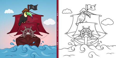 Coloring page. Toucan bird spits on a pirate ship