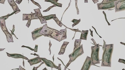 50 Dollar bills falling down. Banknotes isolated on white background. Jackpot or lottery prize. Business.
