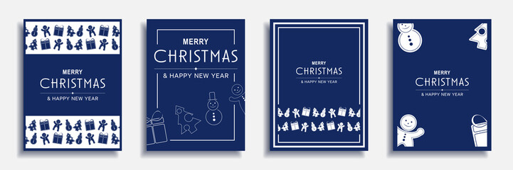 Merry Christmas and New Year 2023 brochure covers set. Xmas minimal banner design with decorative borders with gifts, trees, snowman and other. Illustration for flyer, poster or greeting card