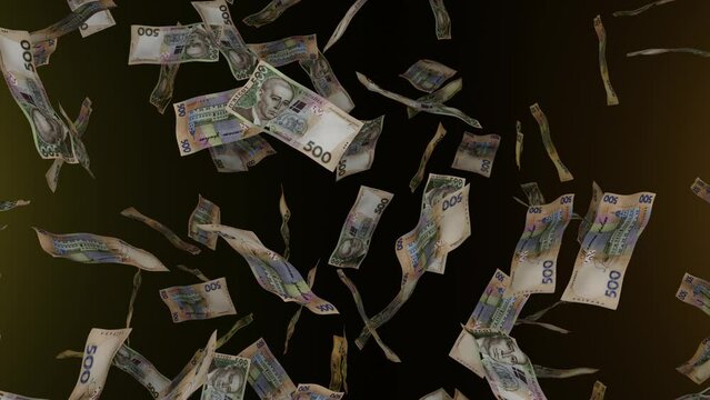 Many wads of money falling down. 500 Ukrainian hryvnia banknotes. Money rain. Financial and business concept. Jackpot or lottery prize.