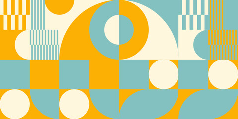 Modern vector abstract  geometric background with circles, rectangles and squares  in retro scandinavian style. Pastel colored simple shapes graphic pattern. Abstract mosaic artwork.