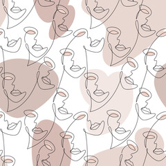 Seamless pattern vector. Woman face continuous line drawing. Modern abstract minimal one line style illustration. Wallpaper, background, fabric, print, wrapping paper, card, banner, poster.