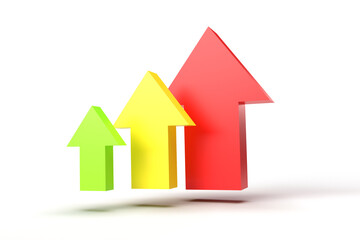 3d render. Red yellow and green up arrows on white background. 