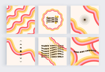 Retro groovy backgrounds for social media with wavy text and rainbow lines
