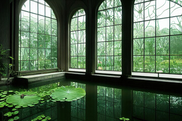 Fototapeta premium large indoor pond, beautiful Victorian glass building, big windows, calm nature background, digital illustration, digital painting, cg artwork, realistic illustration