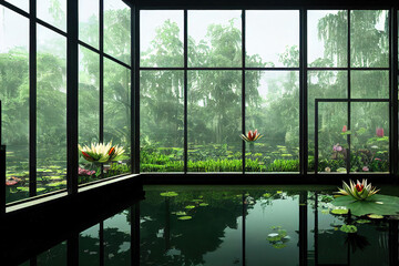  large indoor pond, beautiful Victorian glass building, big windows, calm nature background, digital illustration, digital painting, cg artwork, realistic illustration