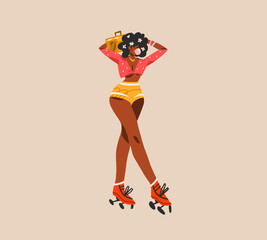 Hand drawn vector abstract flat stock modern graphic illustration character of young happy retro vintage disco african american girl roller skating,90 vintage print concept,retro vector people design. - 529990777