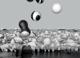 Render. Abstraction, background. Black and white balls rise up or fall down into a decorative seething sea or lake. - 529990908