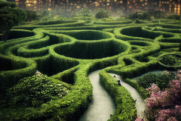 labyrinth in a beautiful urban environment, zen garden in the park, digital illustration, digital painting, cg artwork, realistic illustration, book illustration
