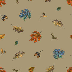 Watercolor seamless pattern of autumn leaves. 