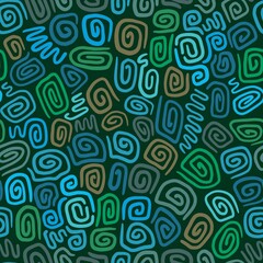 Abstract green and blue spirales hand drawn seamless pattern
