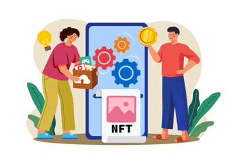 NFT minting process Illustration concept on white background