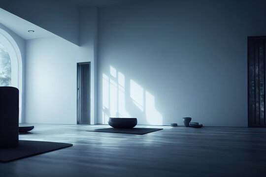 zen meditation environment, calm room with big windows, digital illustration, digital painting, cg artwork, realistic illustration