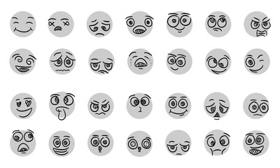 Round abstract comic Faces with various Emotions. Crayon drawing style. Different colorful characters. Cartoon style. Flat design. Hand drawn trendy Vector illustration