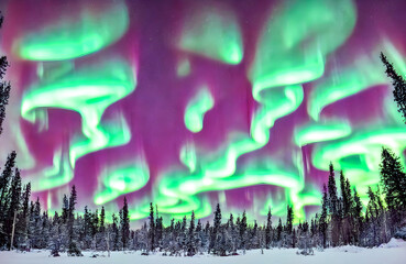 Obraz premium Beautiful Northern Lights aurora borealis borealisgreen. Purple and green aurora.
