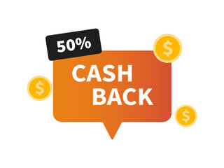 Vector cashback label. Business cash back icon. Return of money from purchases. Modern cashback banner. 50 percent.