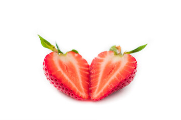 Strawberry isolated. Strawberries isolate. Strawberries with leaf isolate. Whole and half of strawberry on white. Side view strawberries set.