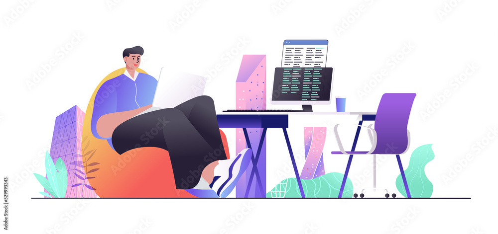 Poster programmer concept for web banner. developer works at laptop, writes code on computer, man creates p