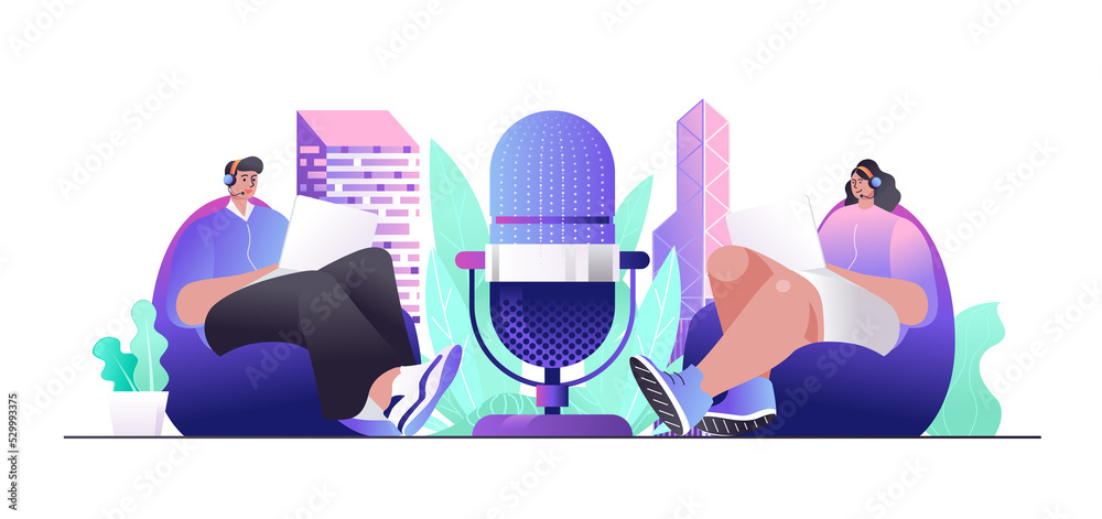 Poster radio station concept for web banner. hosts radio programs broadcast live or recording talking in st