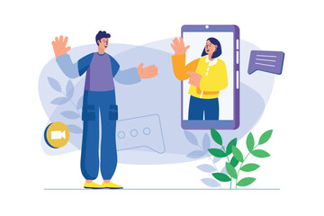 Video chatting concept with people scene. Vector illustration