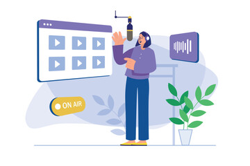 Podcast streaming concept with people scene. Vector illustration