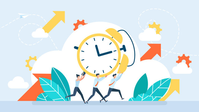 Work time management concept. A team of businessmen is running and carrying a watch. Quick response, people rush to do everything on work matters, time is running out. Flat style. Vector illustration