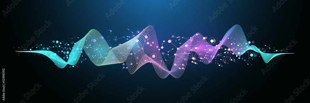 Poster Music wave flow poster design with lines and dots. Sound flyer with abstract gradient line waves. Music abstract background, illustration concept