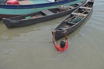 Obraz premium Traditional wooden fishing boats in the port , India