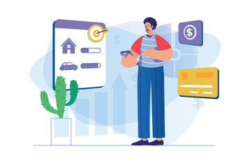 Planning financial budget concept with people scene. Vector illustration