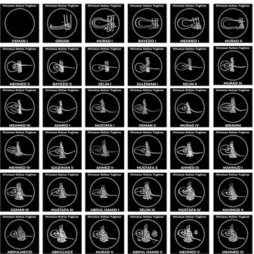 Vector image with Tughras signature of Ottoman Sultans. Signatures ottoman sultans vector image  with black background.