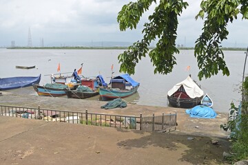 Traditional wooden fishing boats in the port