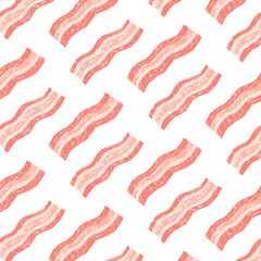 Hand drawn illustration of bacon strips pattern on white background. Vector texture. Cartoon style. Drawing, line art. - 529994562