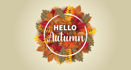 Hello Autumn vector background with leaves